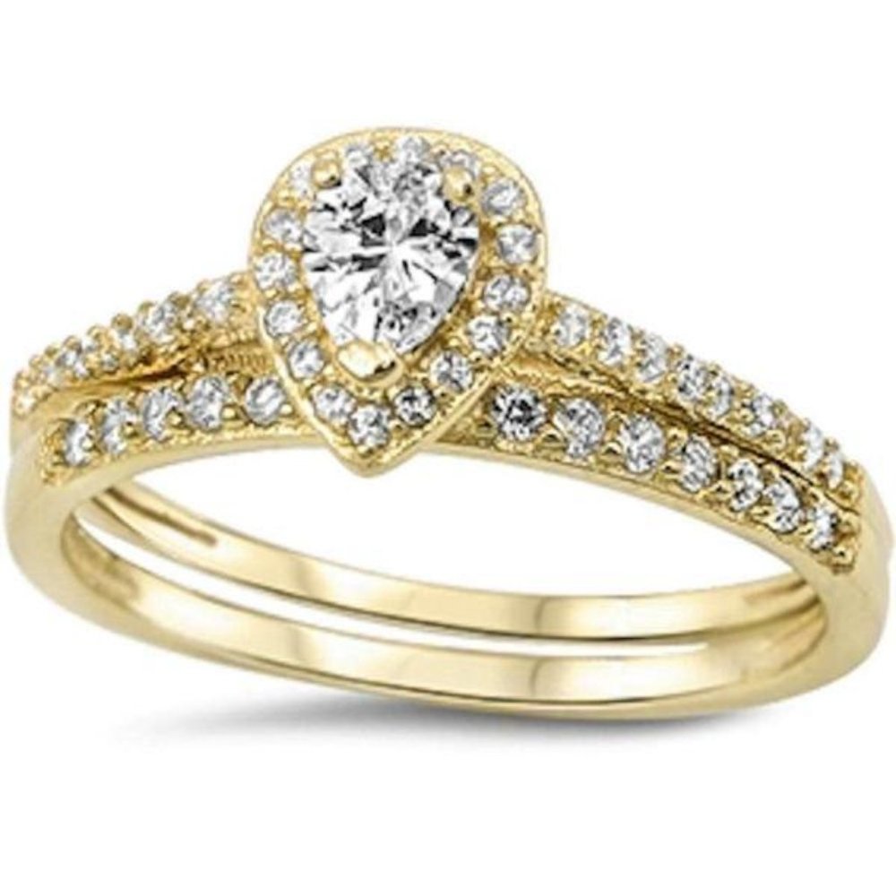 Halo Pear Shaped CZ Wedding Set Gold Plated Ring